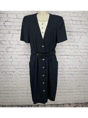 VTG Periwinkle Black Retro Padded Belted Pockets Shift Dress USA Made Size 14